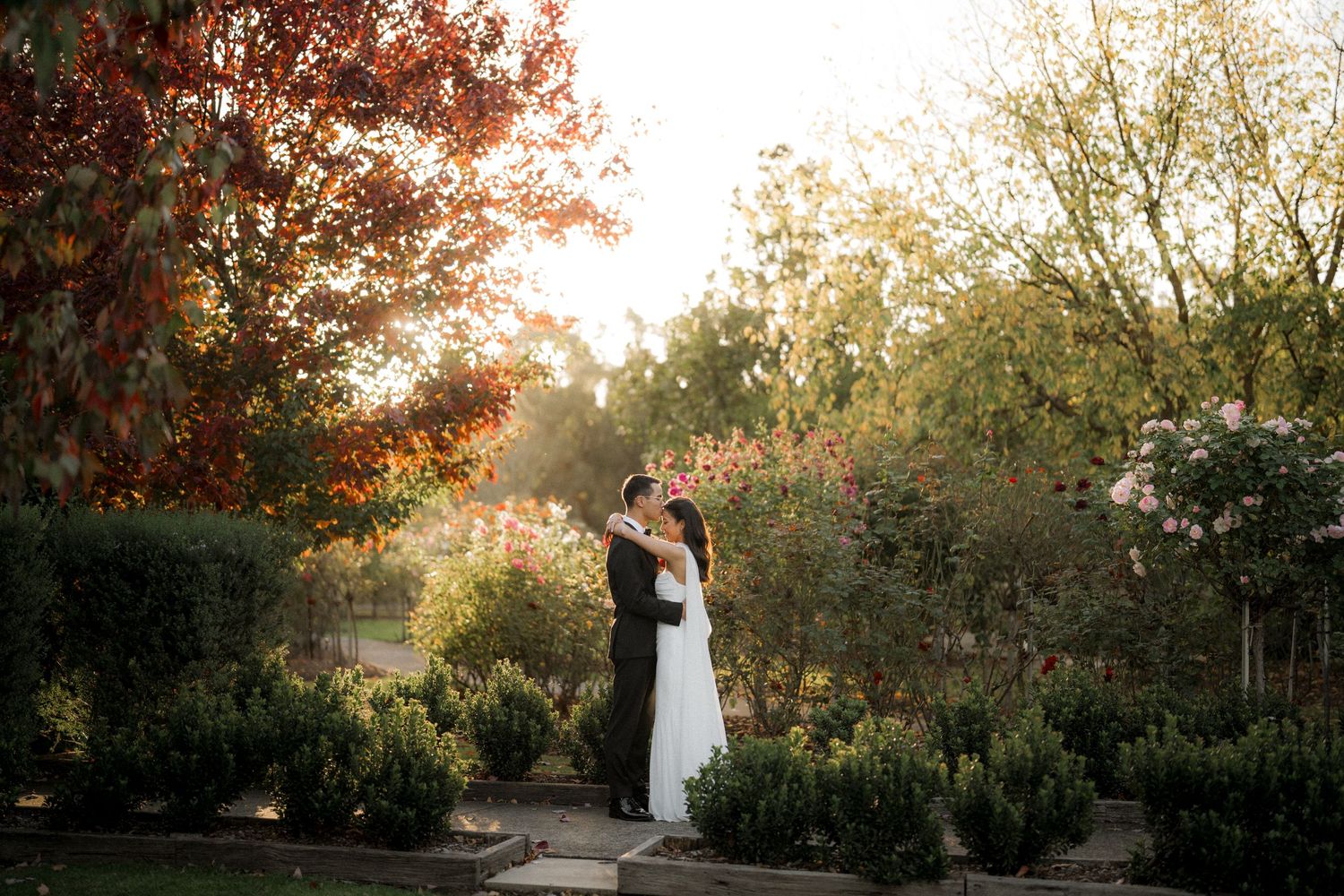 Bride and groom embrace romantically in a sunlit garden surrounded by colorful autumn foliage on their wedding day.
