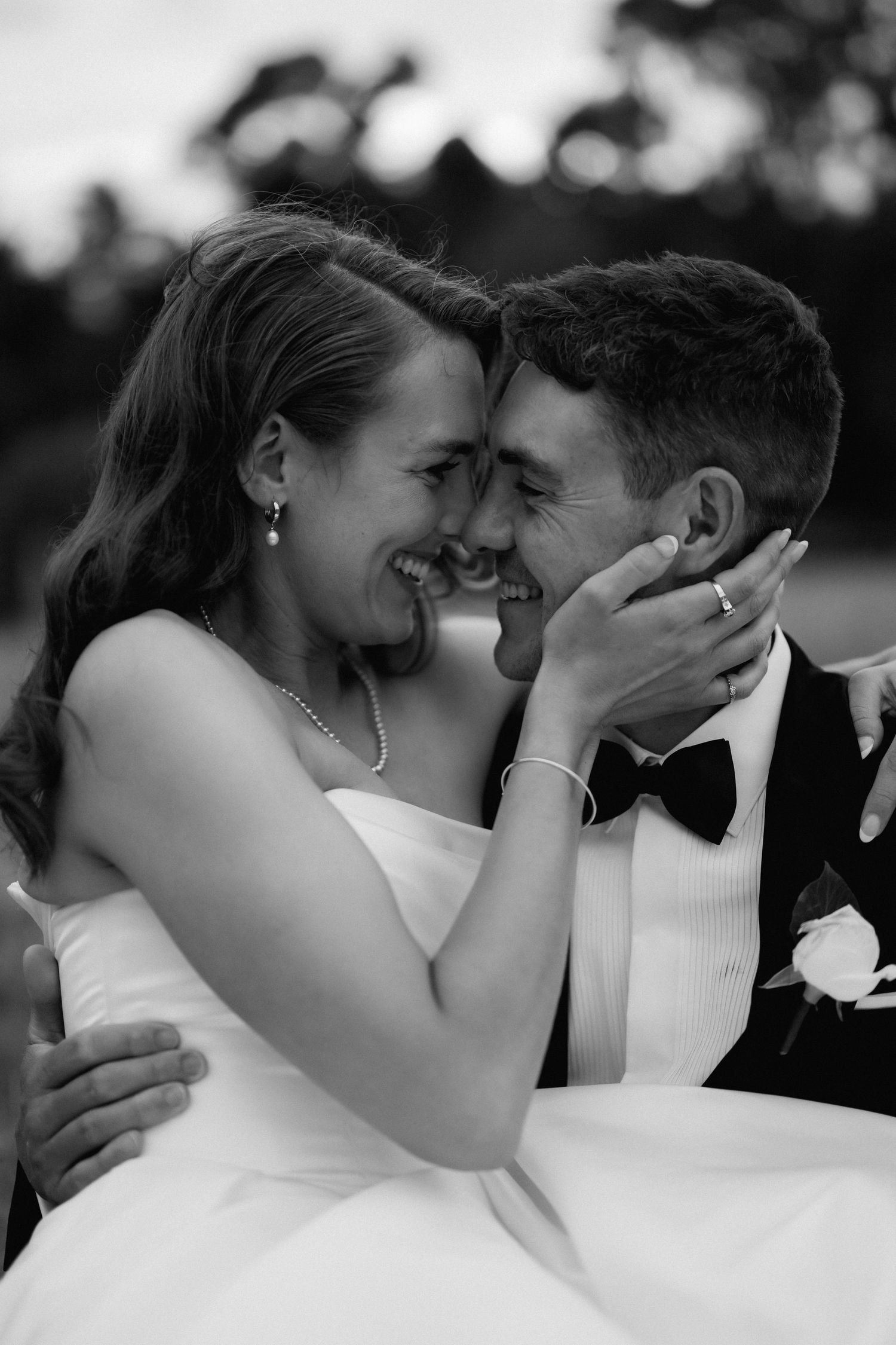 A romantic black and white photo sequence showing tender moments between newlyweds during their wedding photoshoot.