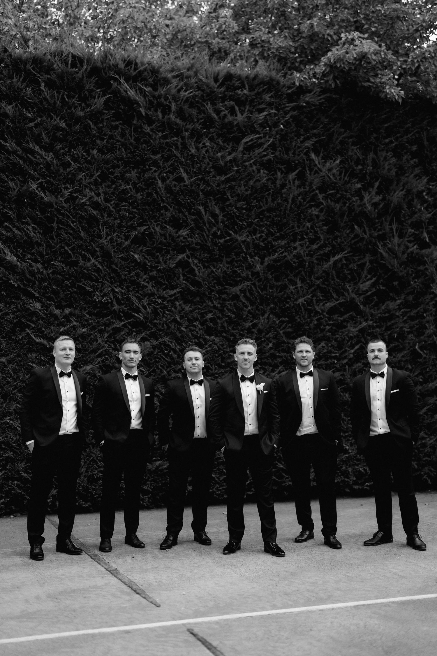Groomsmen in black tuxedos lined up against a dark hedge backdrop.
