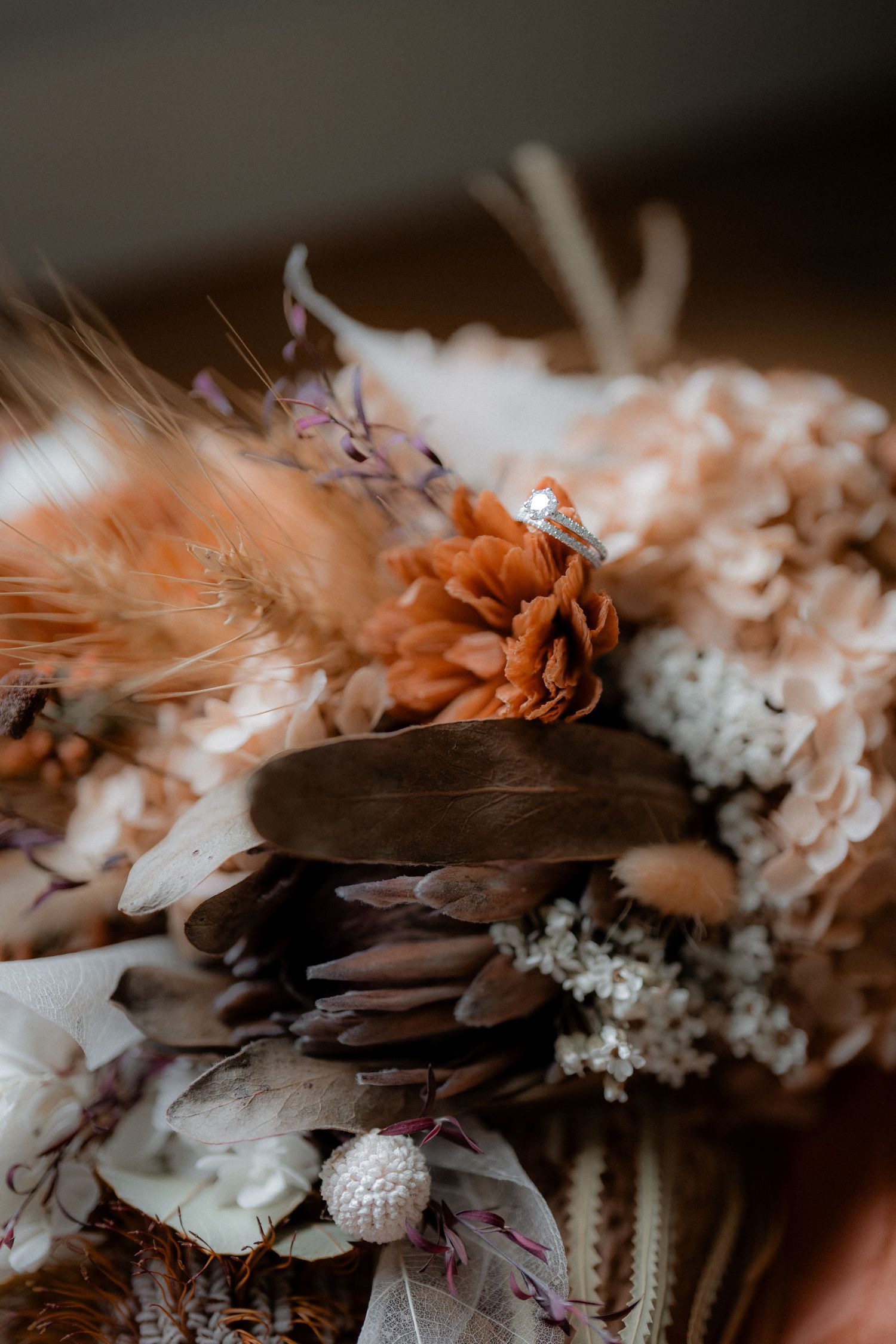 Moody close-up of dried flowers and delicate botanical elements in muted autumn tones.