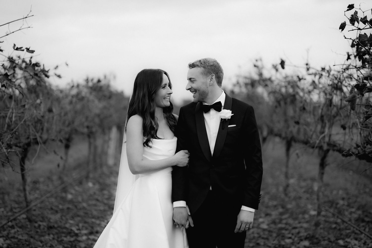 Black and white portrait of newlyweds sharing an intimate moment in a vineyard.