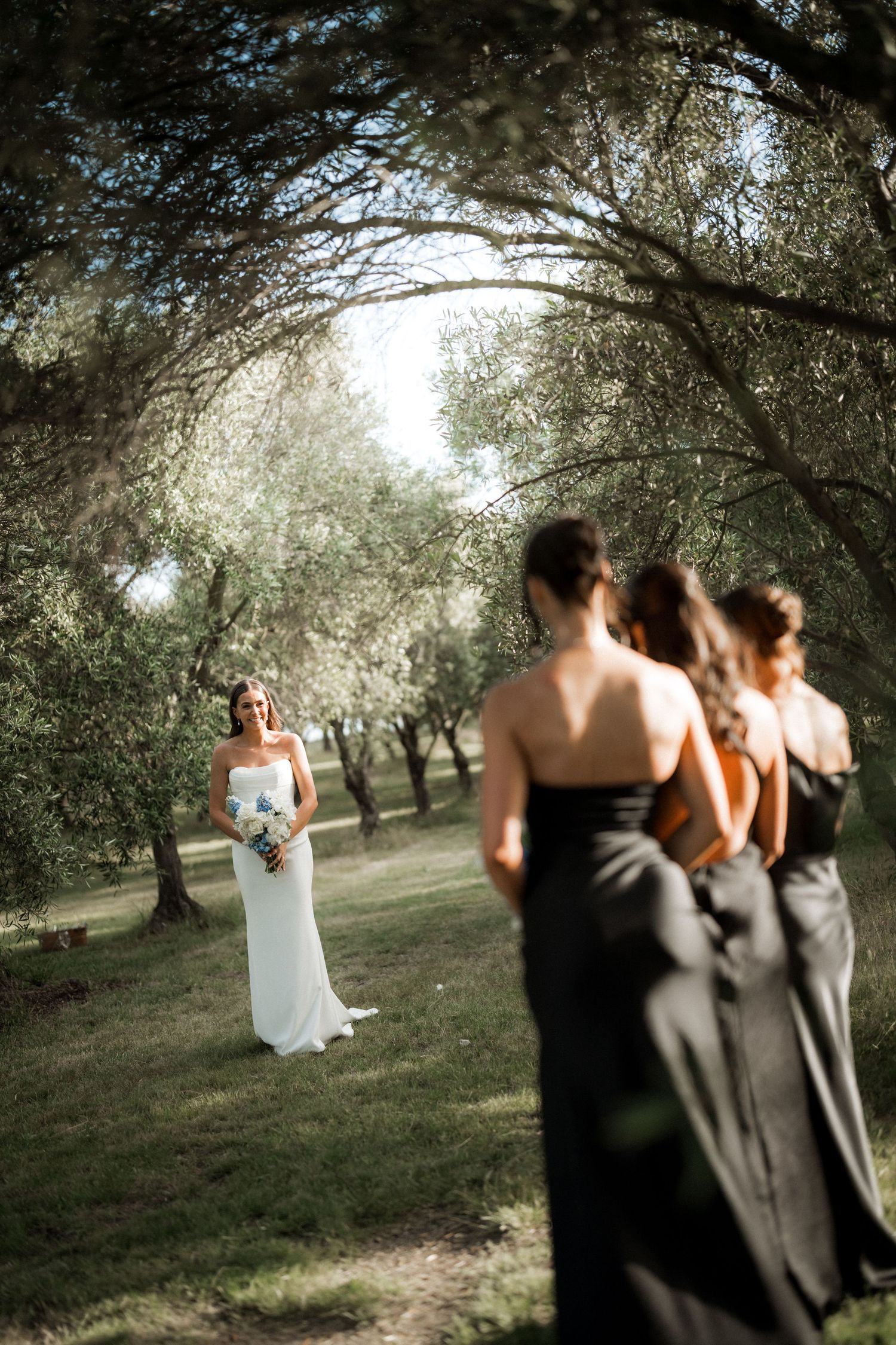Wedding party walking through an orchard with bridesmaids in dark dresses and natural lighting.