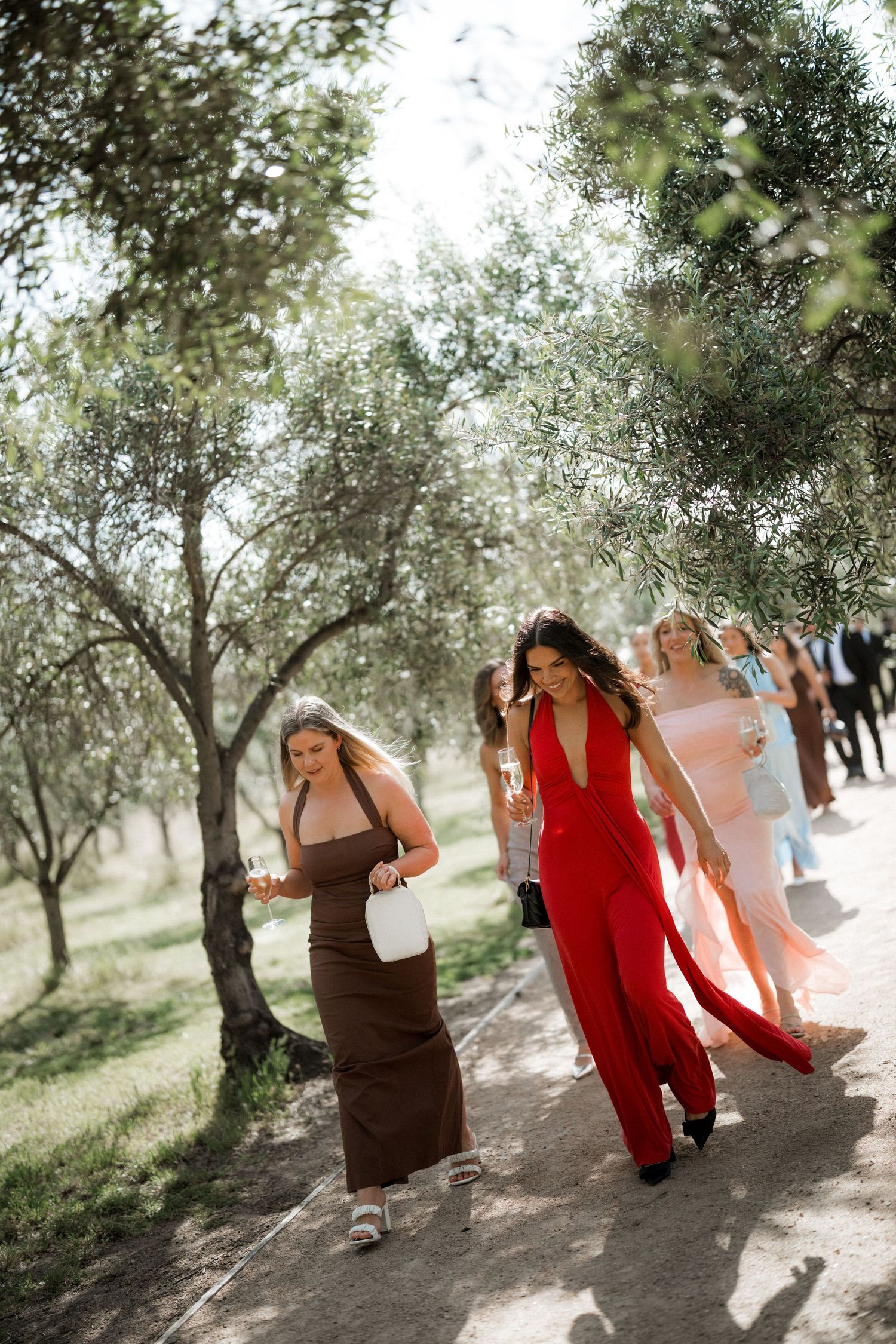 Two people in contrasting red and brown outfits dance joyfully among olive trees on a sunny afternoon.