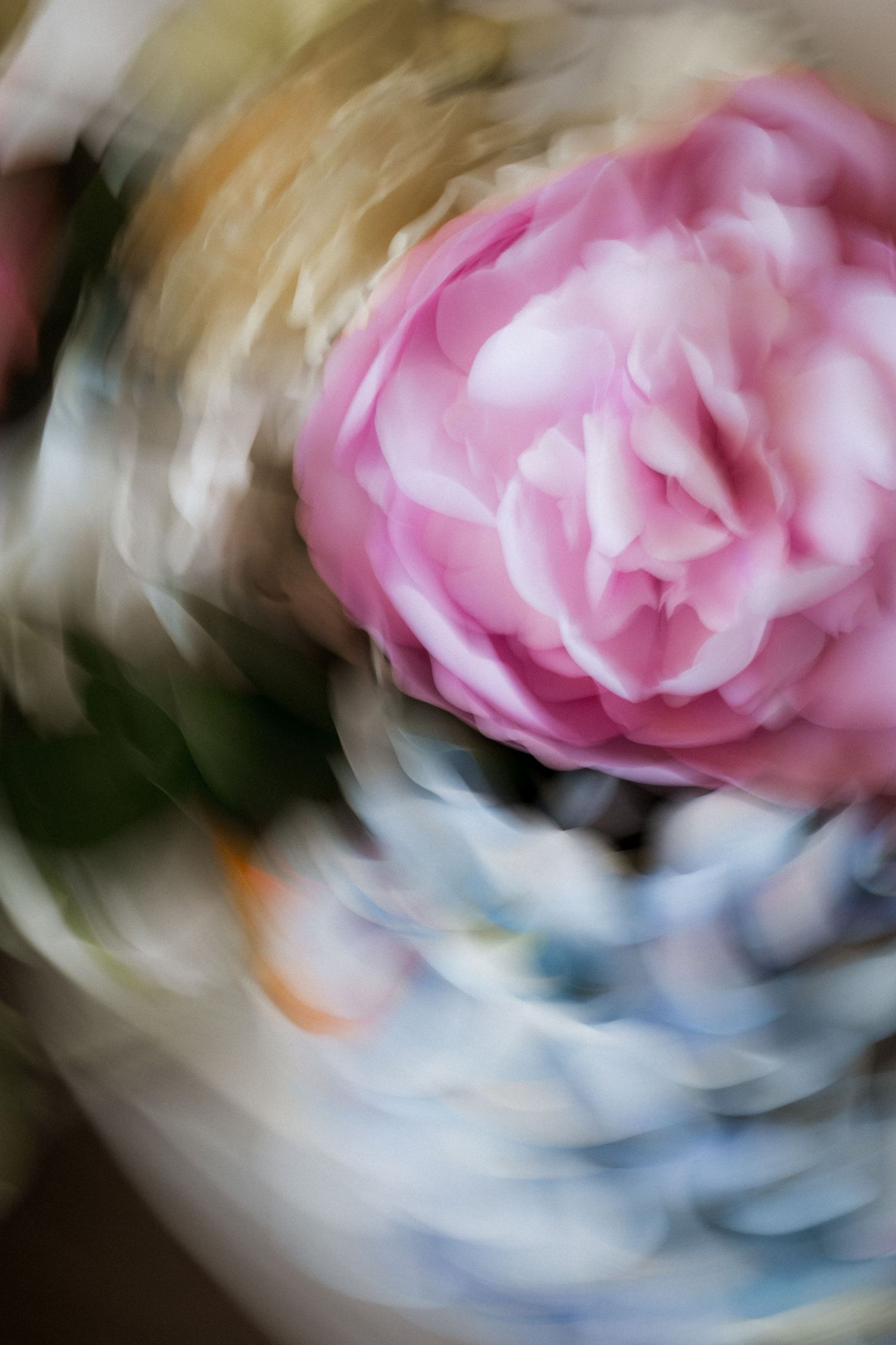 Soft pink peony flower with dreamy swirling motion blur effect creating an artistic abstract floral photograph.