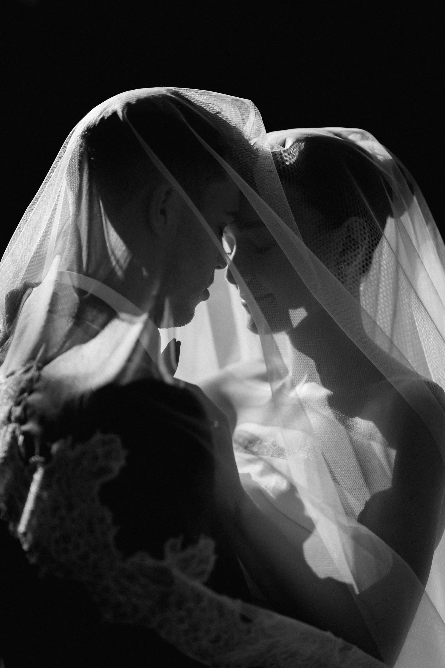 A black and white artistic sequence showing silhouettes of a couple kissing behind flowing sheer fabric.