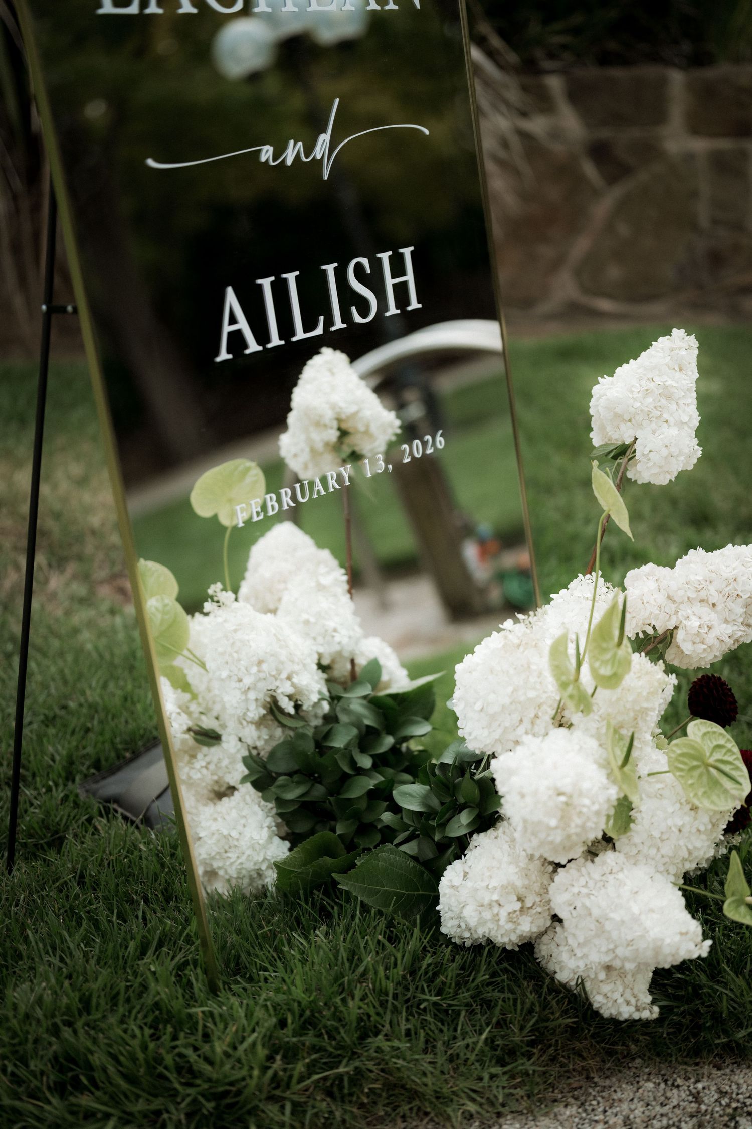 Elegant wedding welcome mirror sign for Ailish dated February 13, 2026, adorned with white hydrangea flowers on green grass.