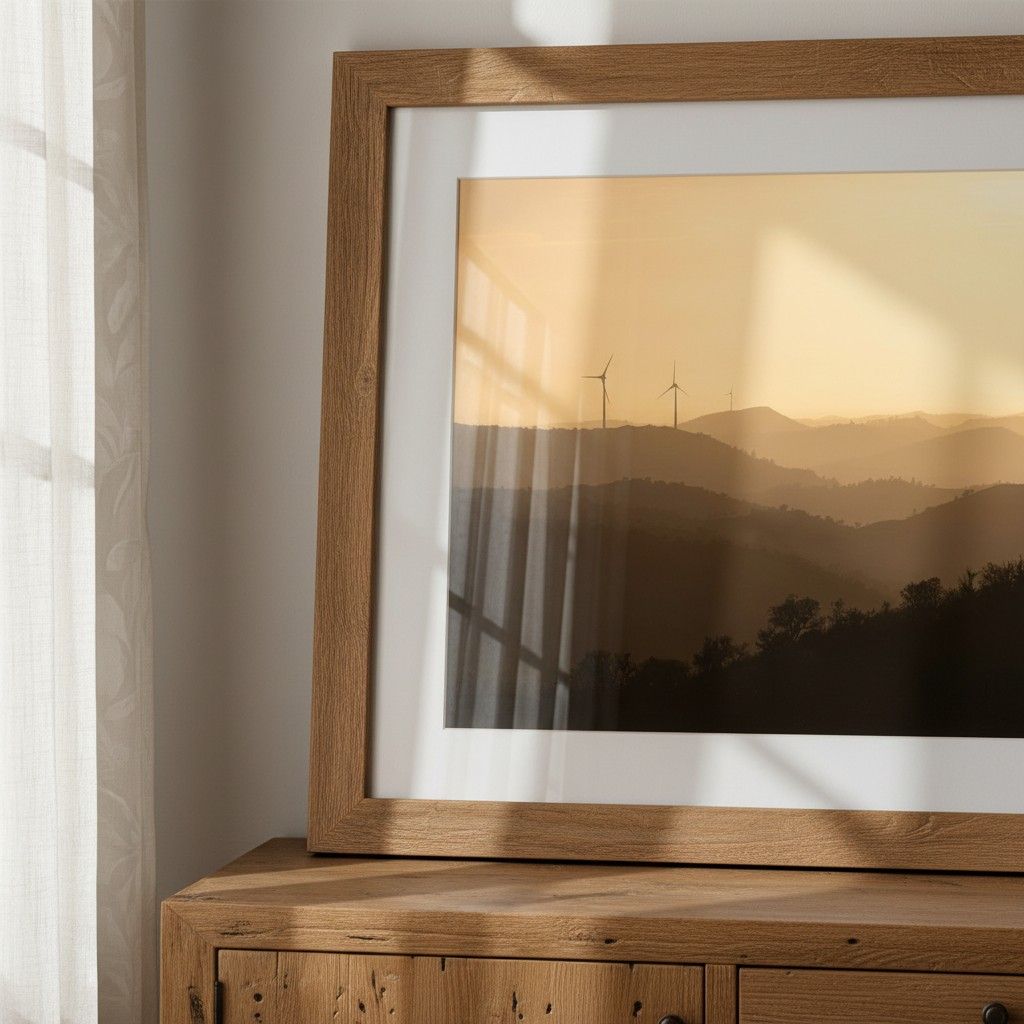 Framed fine art print of a golden sunset over mountains displayed on a sideboard, bespoke photography print by Anthony West