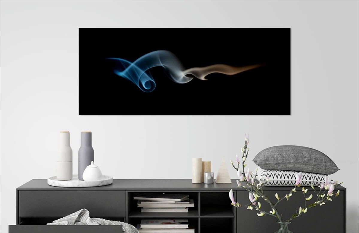 Abstract fine art panoramic print displayed above a sideboard in a modern living space, wall art by Anthony West