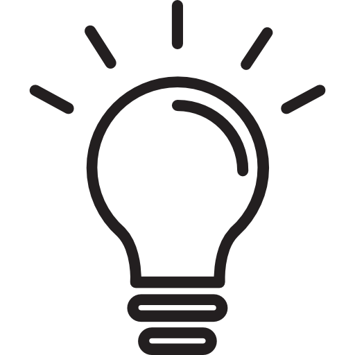 monochrome Icon showing an outline image of an illuminated lightbulb