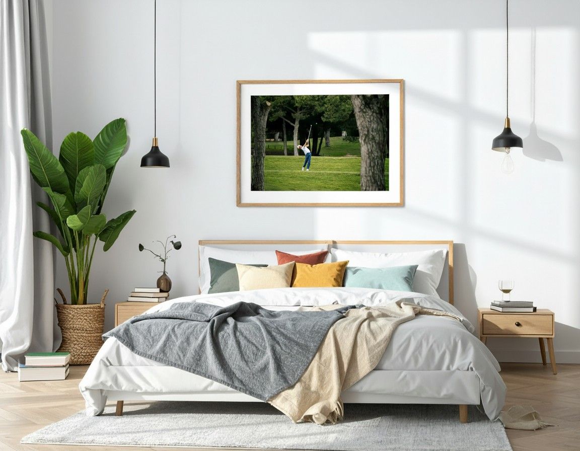 Framed golf action portrait print displayed on a bedroom wall, bespoke golf photography print by Anthony West