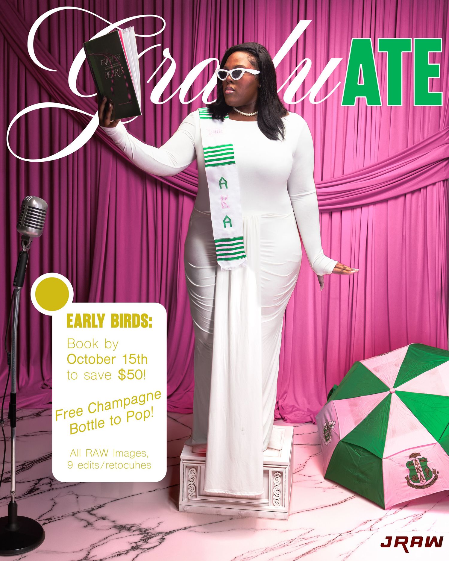 Graduate posing in white outfit with green and pink sash at a stylish GraduATE photography session.