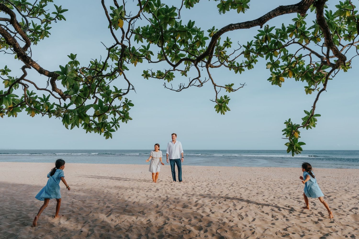 A scenic beach setting with people playing and walking along the sandy shore under tree branches.