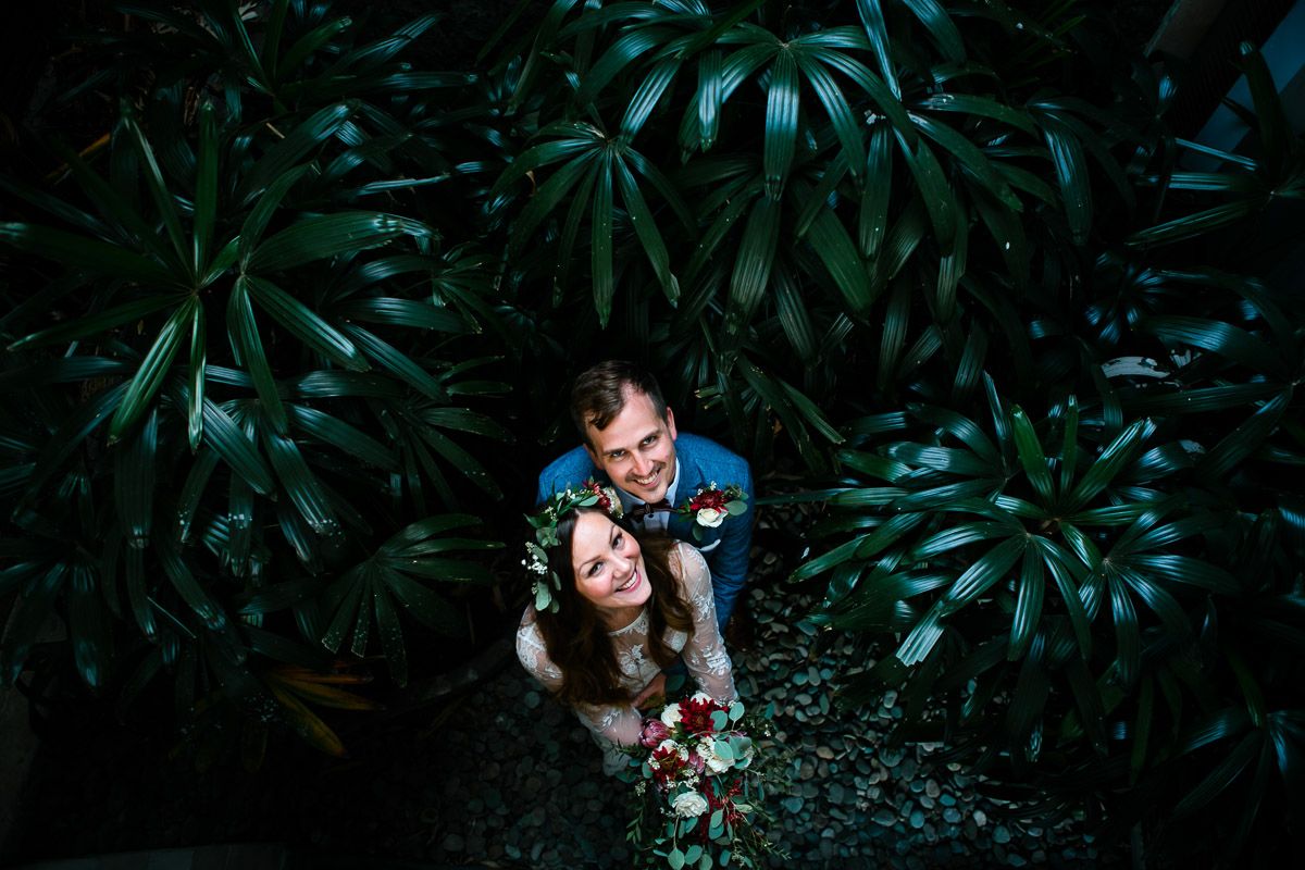 A couple embraces in a lush tropical garden setting with dramatic lighting and palm fronds overhead.