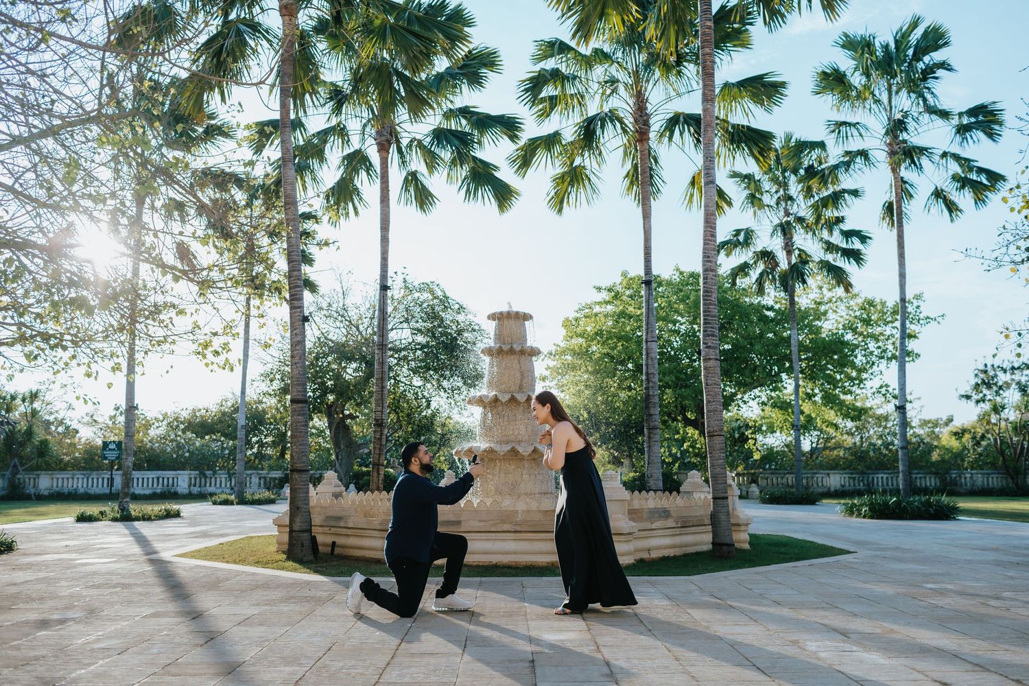 Man proposing on one knee to woman in black dress near ornate fountain surrounded by tall palm trees outdoors.
