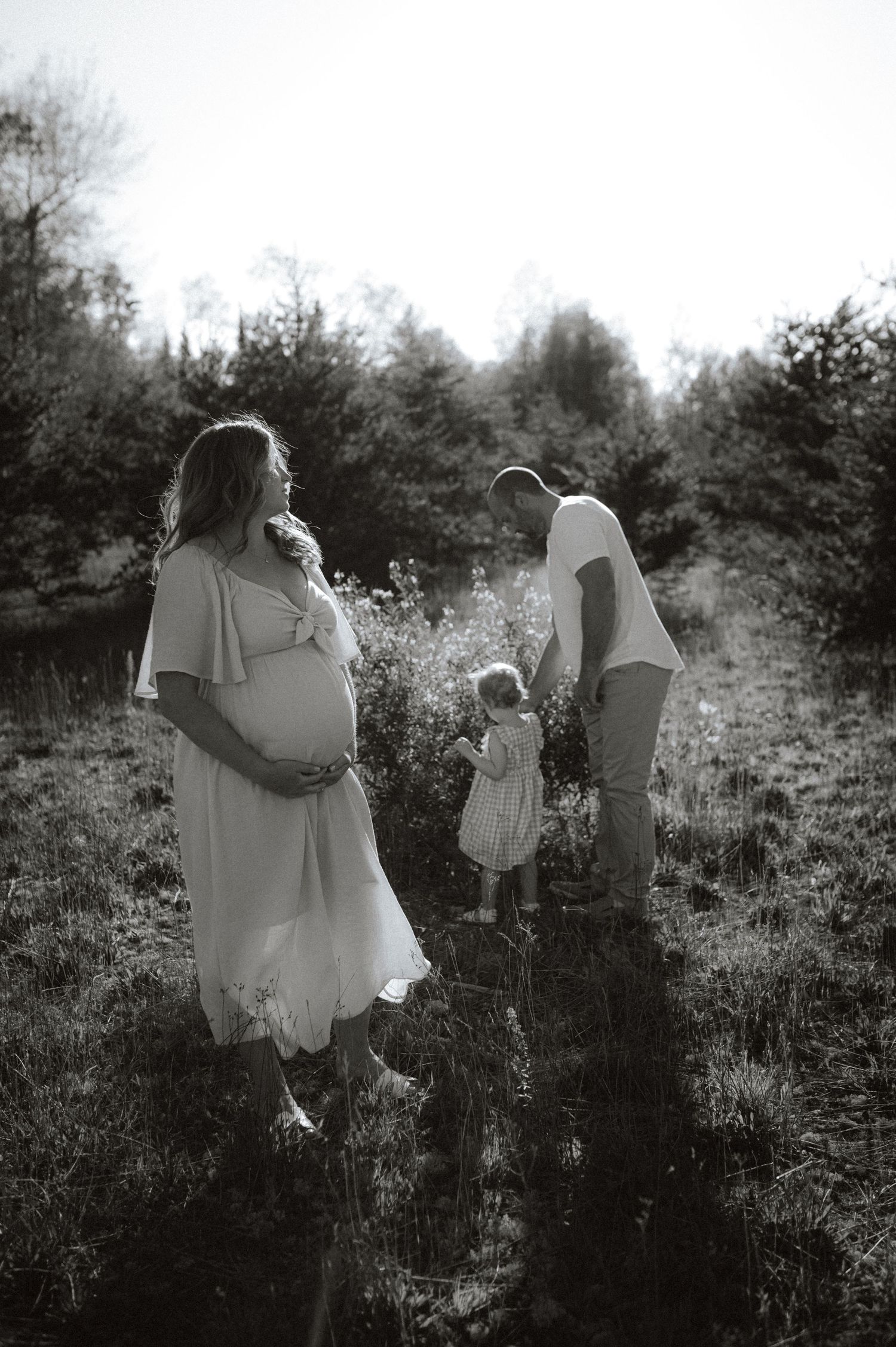 A series of black and white photos showing silhouettes of people walking through a wildflower meadow at sunset.