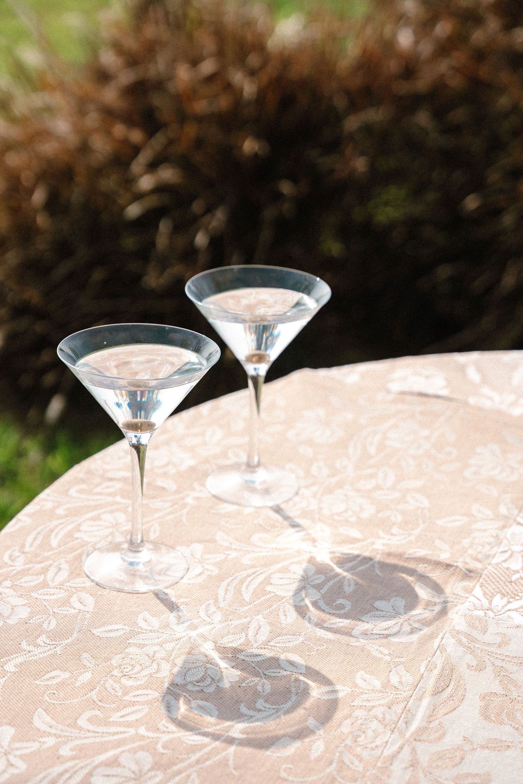 Two empty martini glasses on an elegant floral tablecloth outdoors, with blurred greenery in the background.