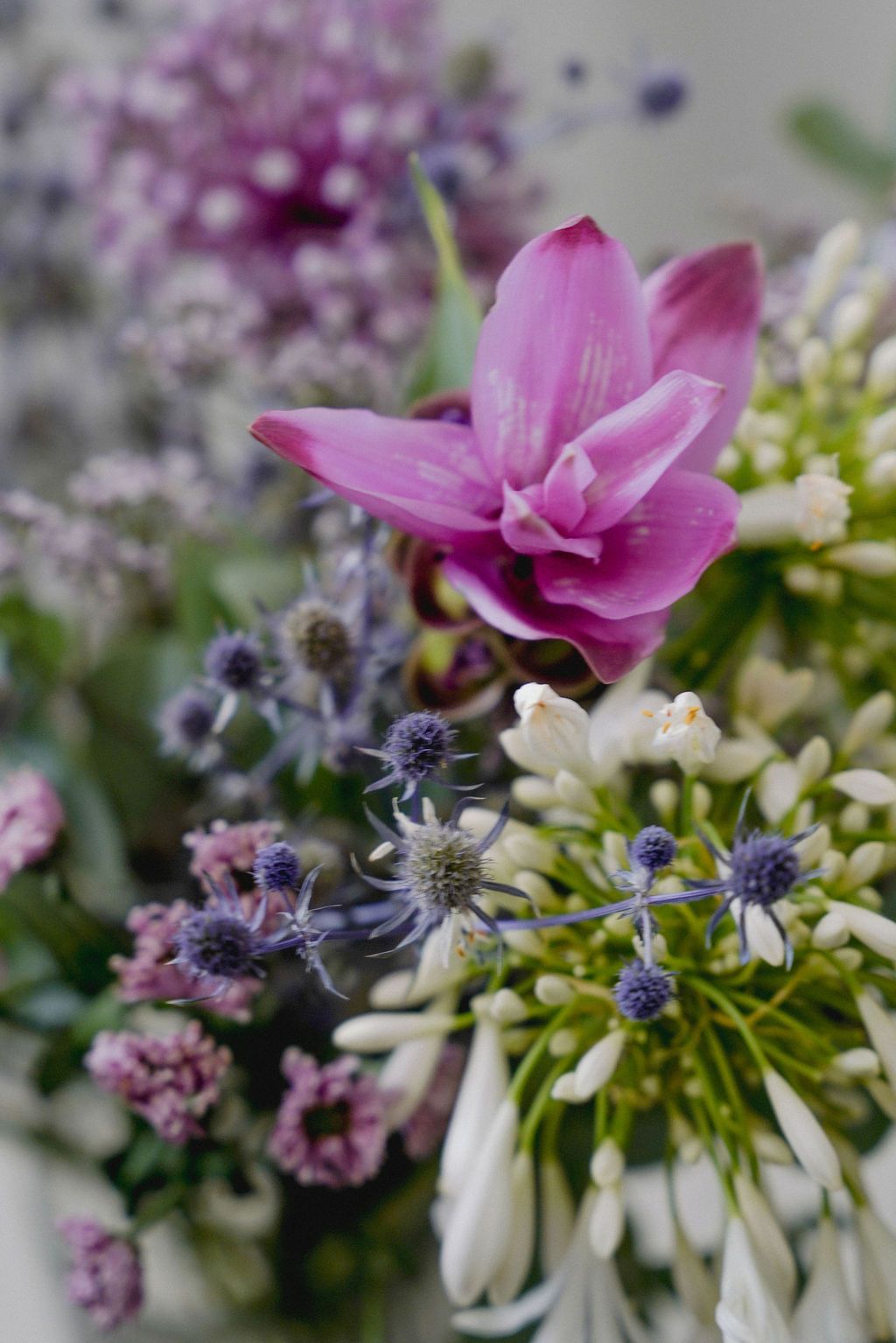 A vibrant pink flower surrounded by delicate white and purple blooms in a soft-focus floral arrangement.