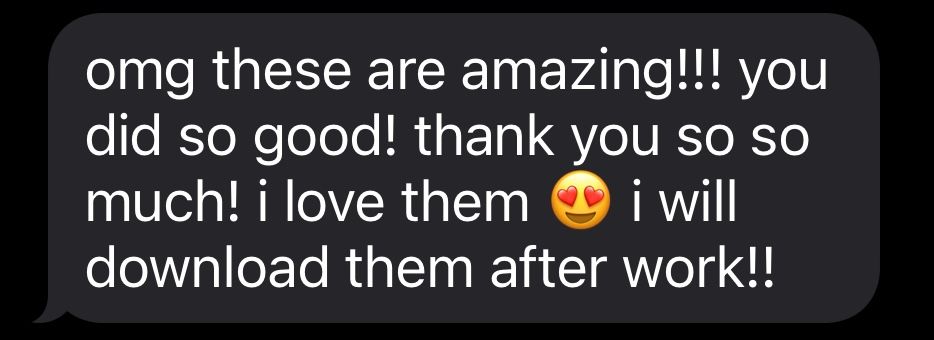 Dark mode text message expressing amazement and appreciation.