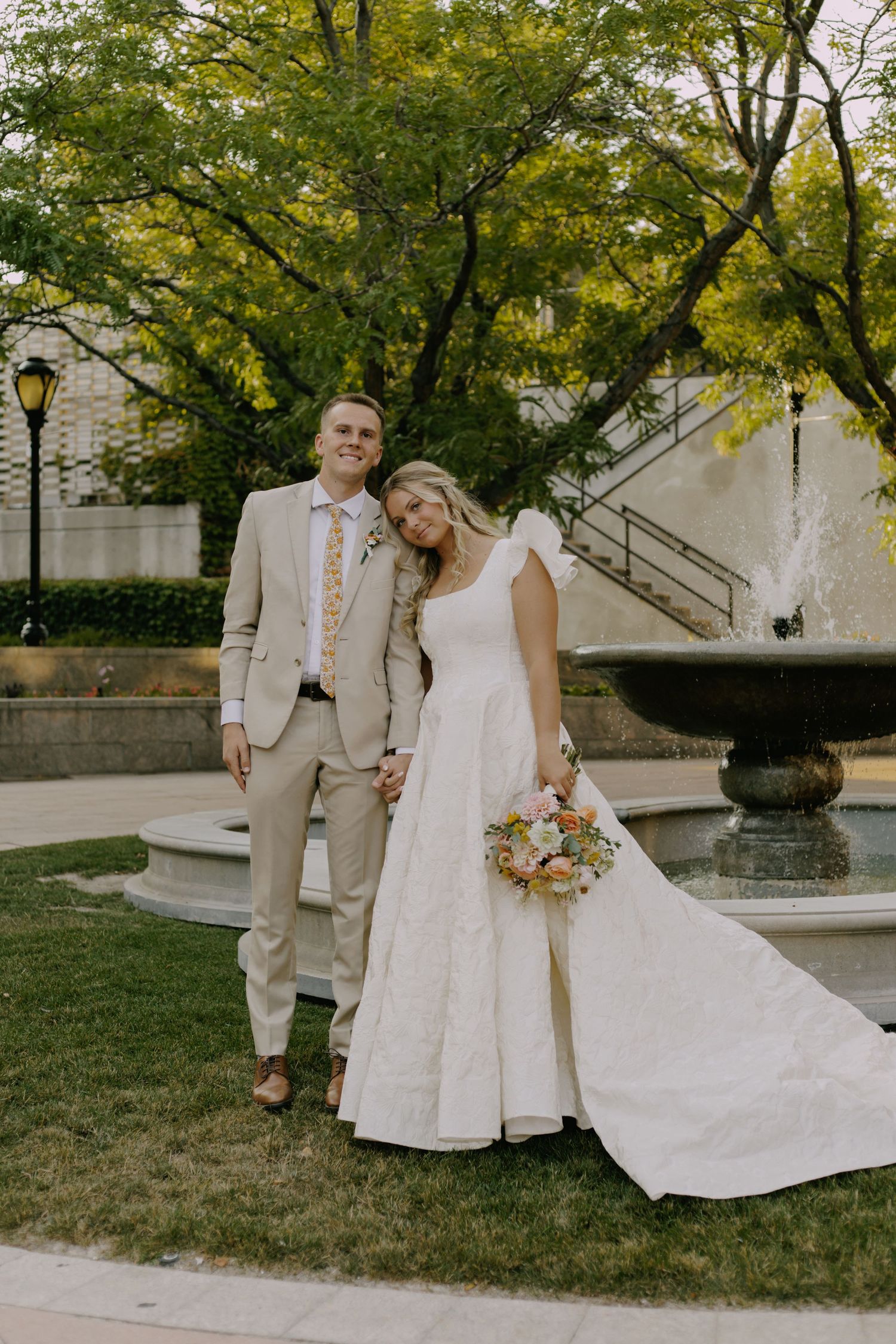 Artistic wedding photography sequence showing couple in outdoor garden setting.