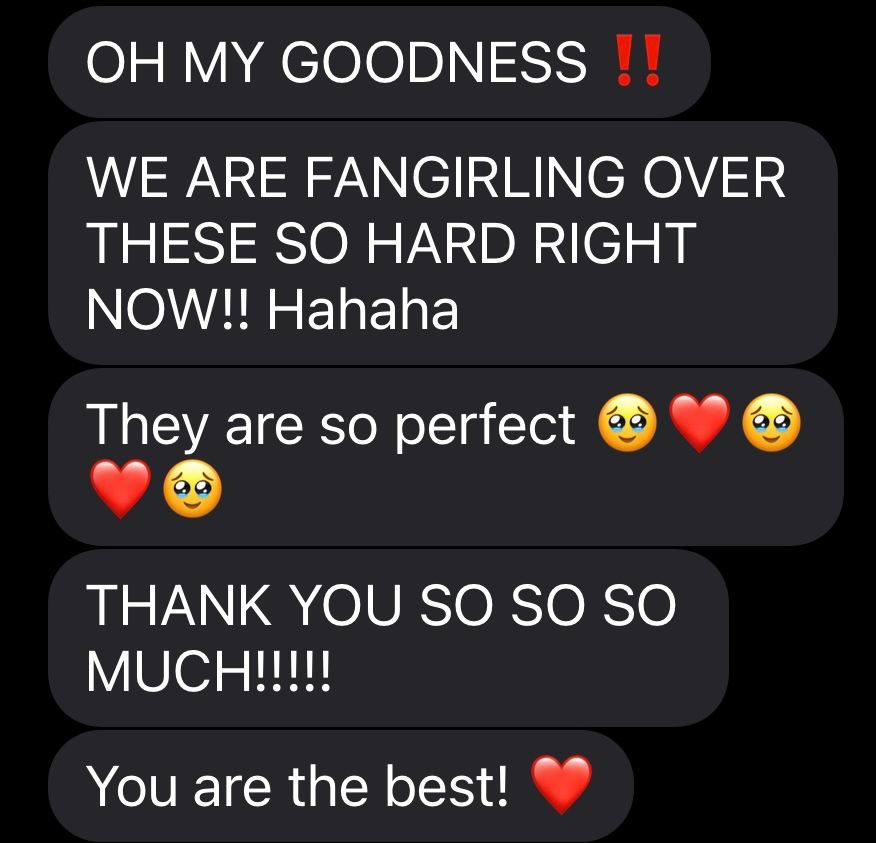 Chat messages with enthusiastic reactions and heart emojis on dark background.