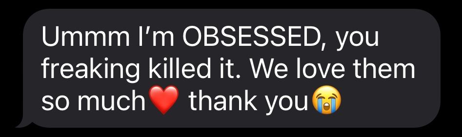 Mobile message showing excitement with the word 'OBSESSED' in dark mode.