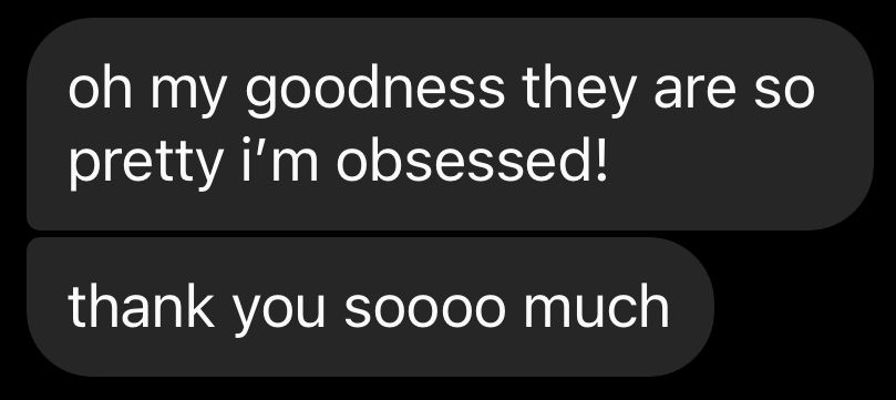 Chat message expressing obsession with received content.