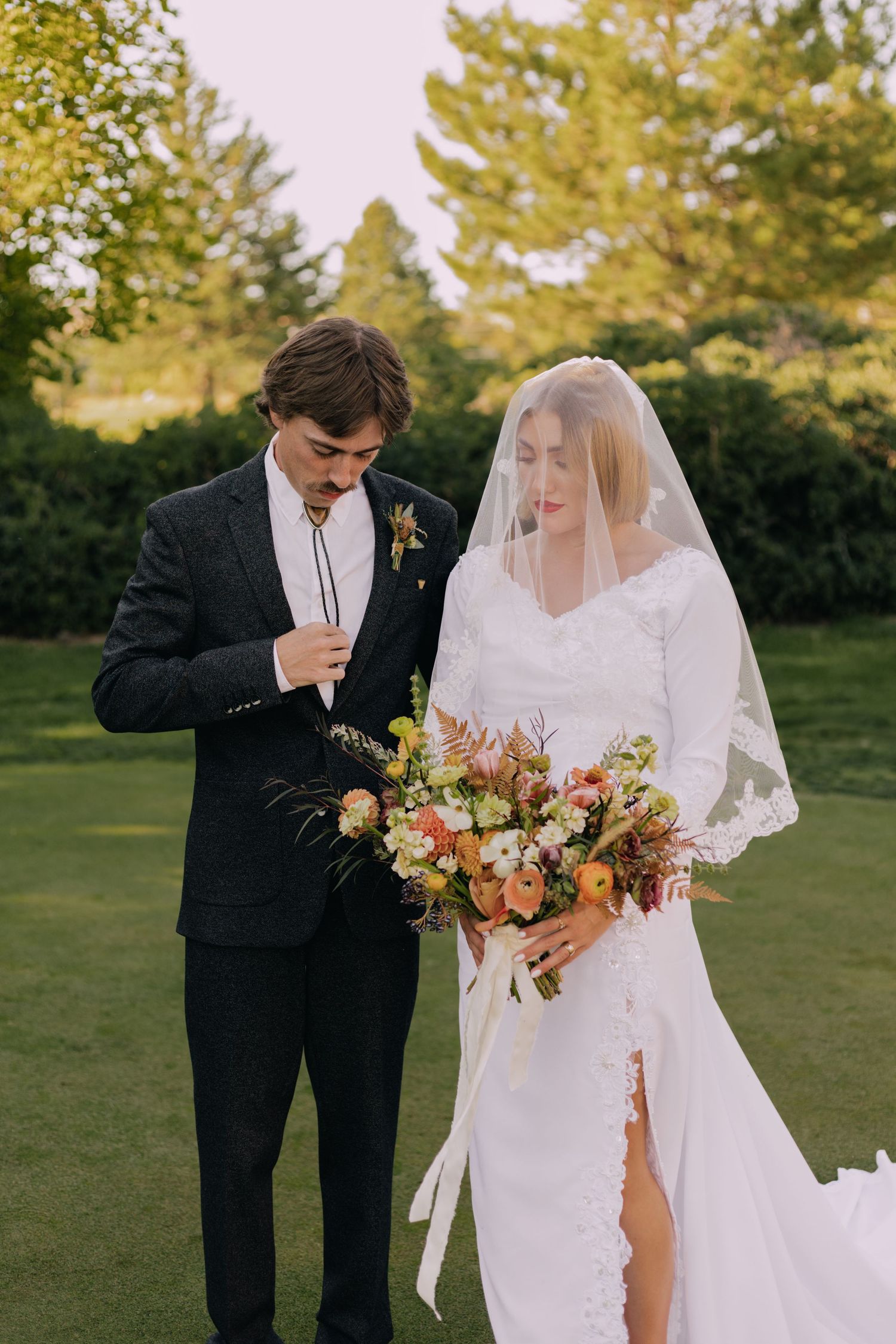 Wedding photo sequence showing a couple with a colorful bouquet in an outdoor garden setting.