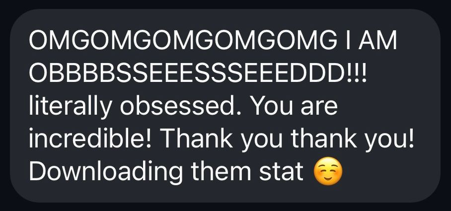 Text messages expressing excitement and gratitude displayed on a dark interface.