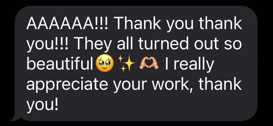 Text conversation showing appreciation and excitement with emojis on dark theme.