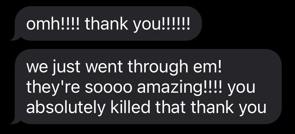 Dark themed text message expressing gratitude and excitement.