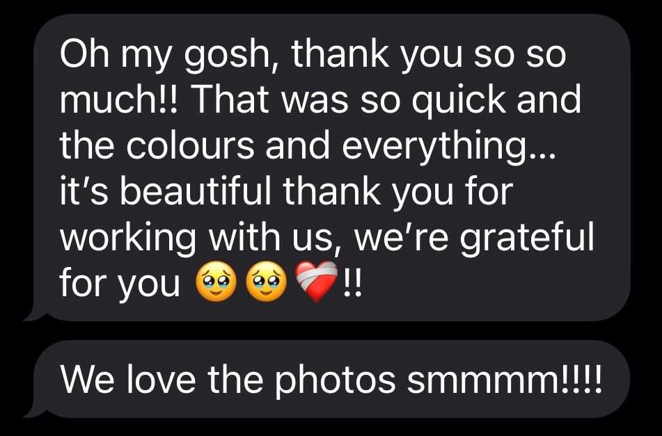 A series of black message bubbles containing excited thank you messages and emojis.