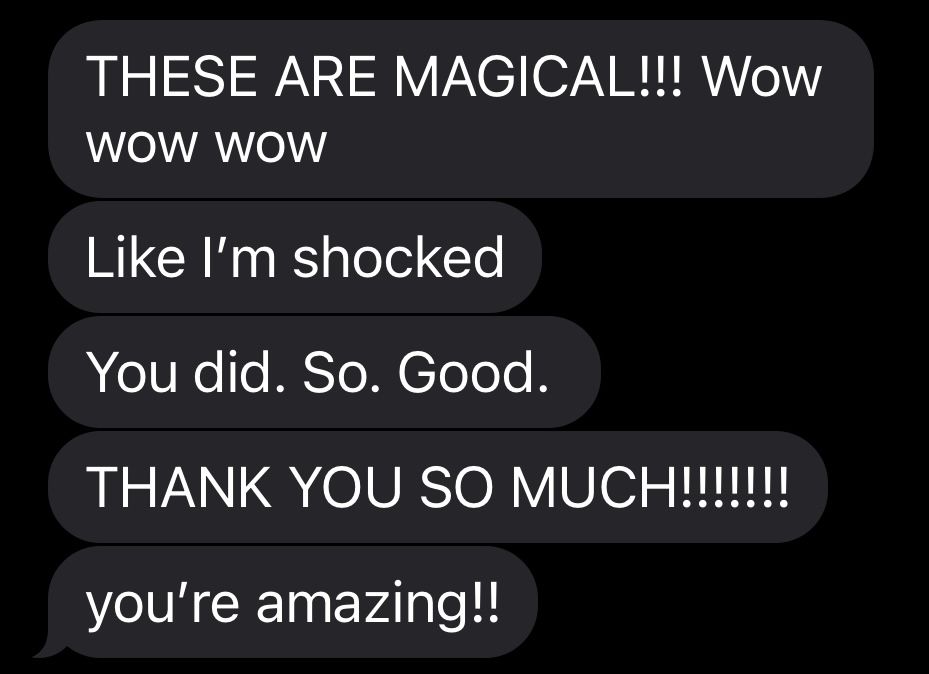 Multiple text messages expressing amazement and gratitude on a black background.