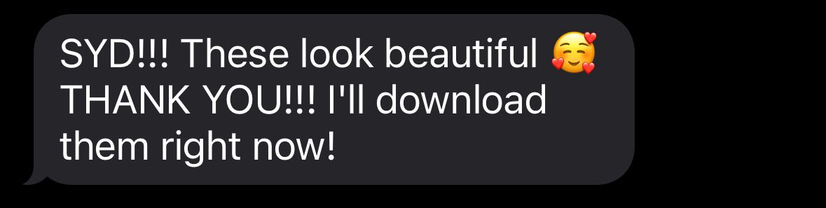 Text message showing enthusiastic feedback with heart emoji.