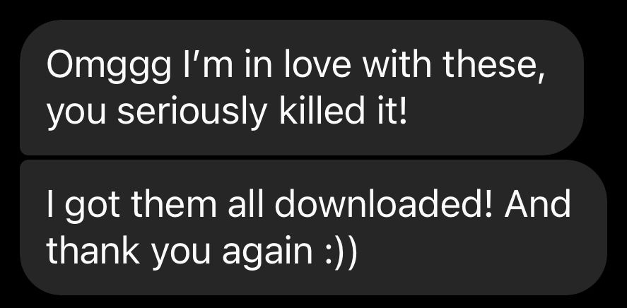 Dark themed text message expressing love for photos.