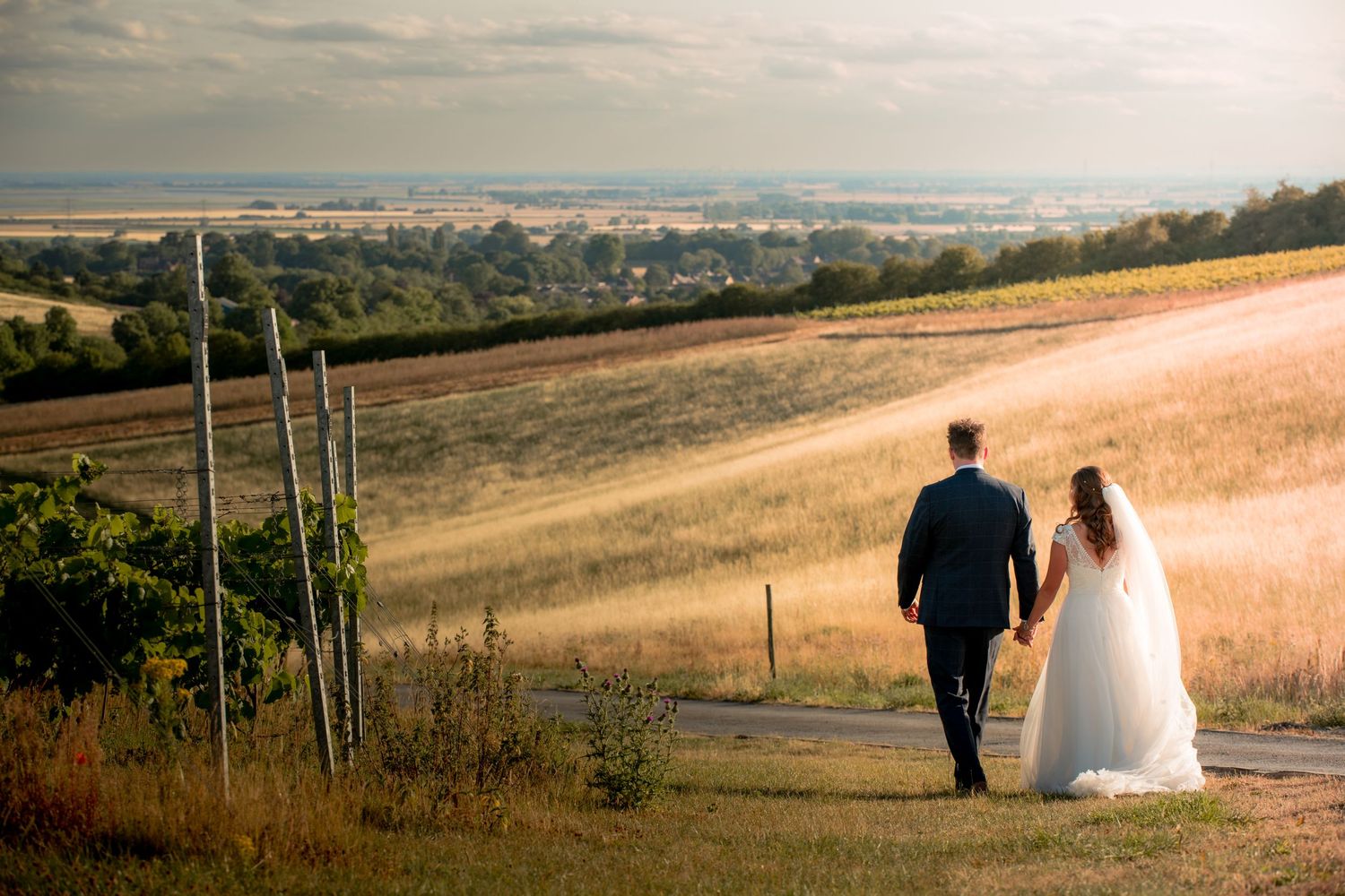 Bride and groom walking hand in hand through scenic golden countryside hillside at sunset.