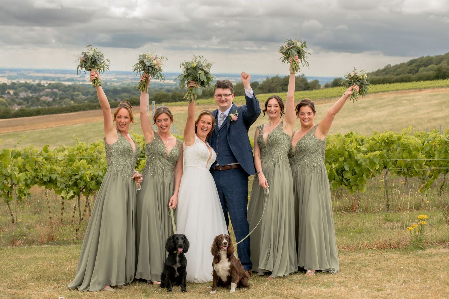 Wedding party with bride, groom and four bridesmaids in sage green dresses celebrating with two dogs in vineyard.