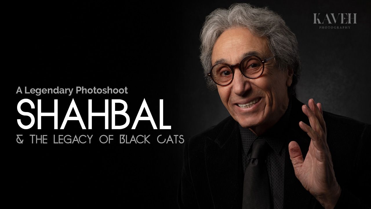 Portrait session promotional image featuring photographer and persian pop singer Shahbal Shabpareh against dark background.