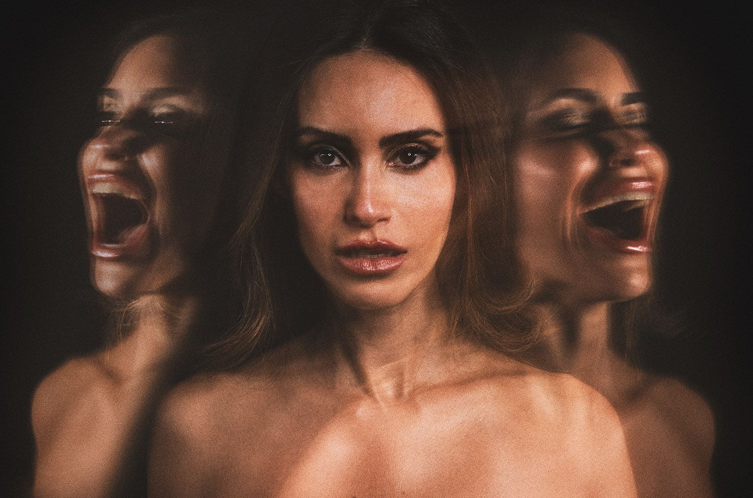 Creative triple exposure portrait of a young woman showing calm and screaming expressions.