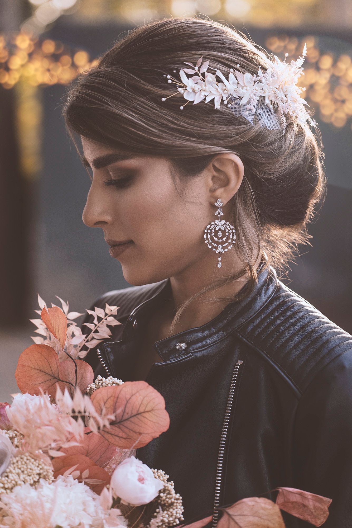 Artistic portrait series featuring pink floral arrangement against autumn backdrop.