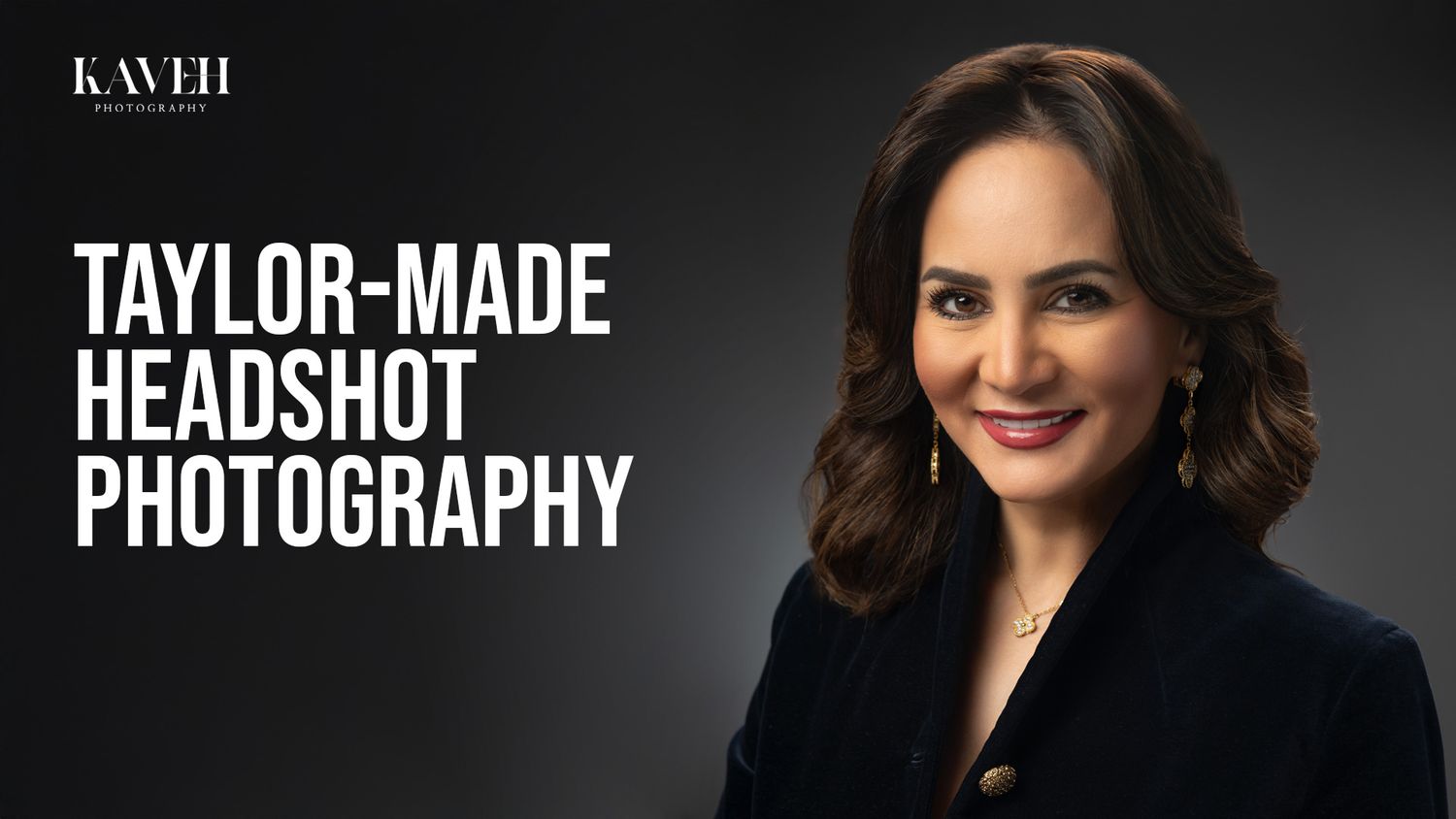 Professional headshot photography branding banner featuring portrait of entrepreneur Bita MIlanian in black blazer.