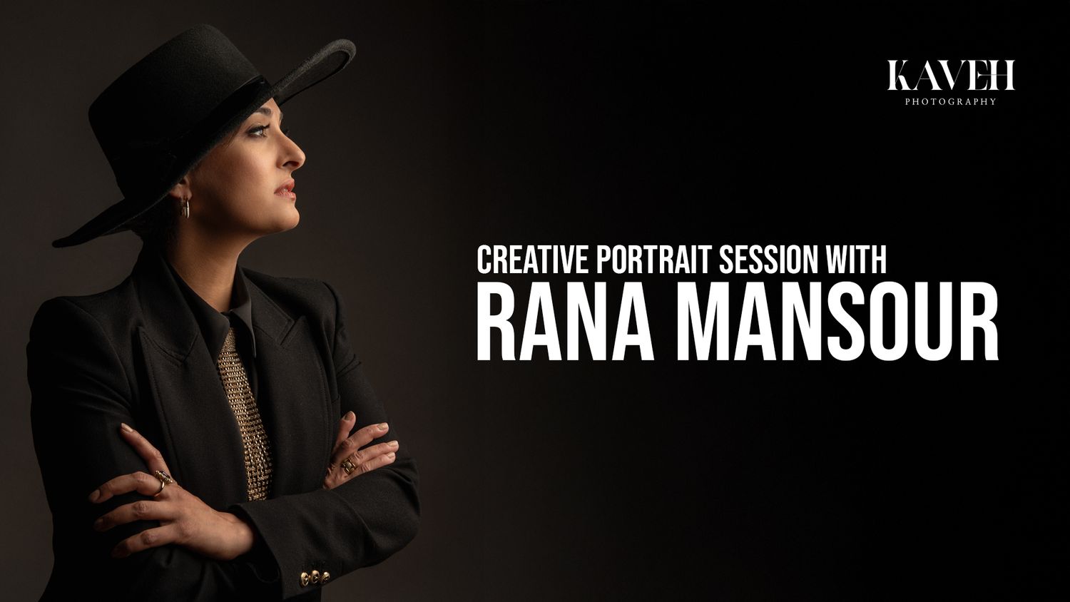 Creative portrait session promotional banner with stylish black clothing against dark backdrop of Rana Mansour taken in Westwood Los Angeles