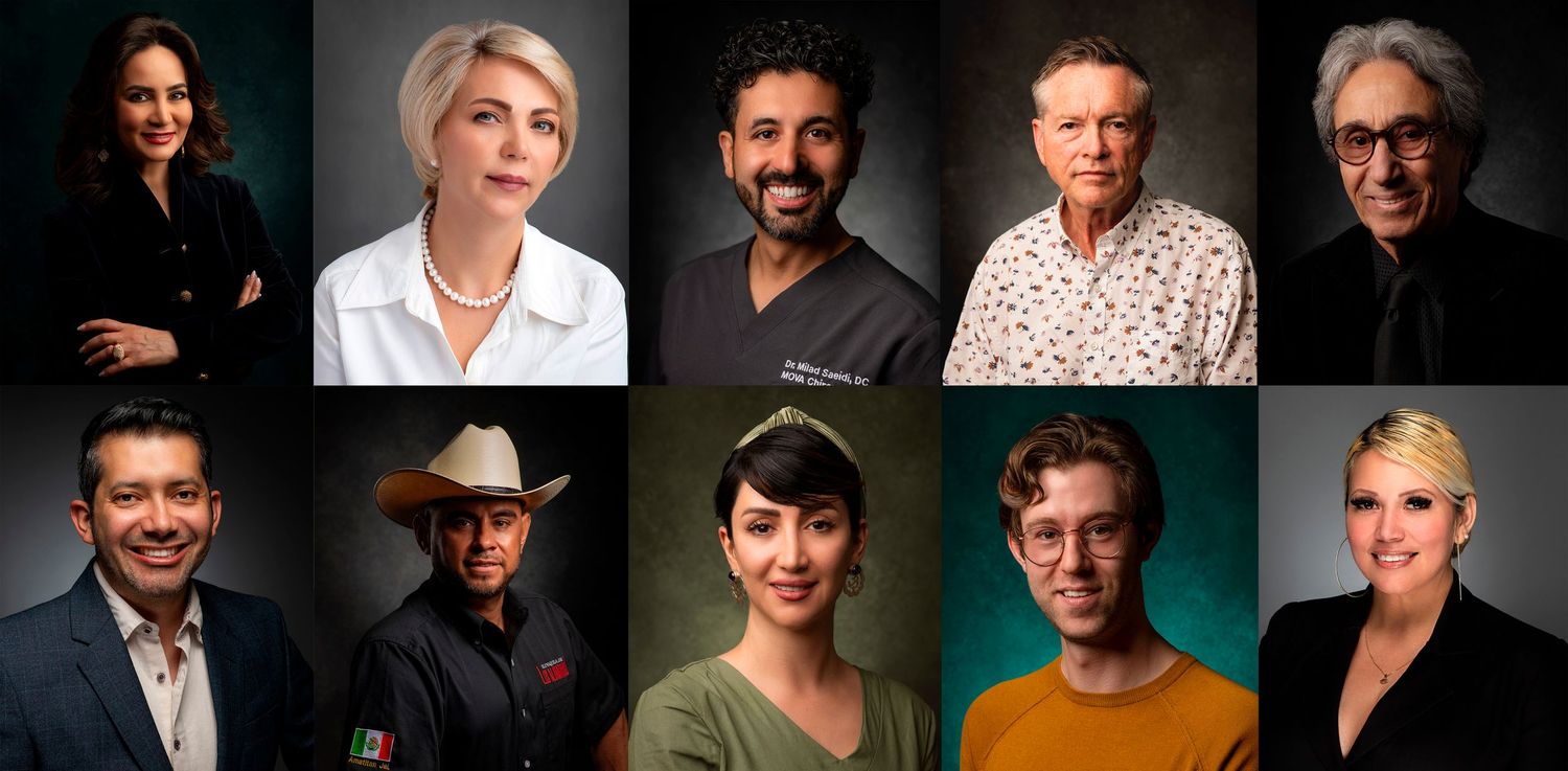 Professional studio headshots of ten people against dark backgrounds showing a variety of expressions and poses.