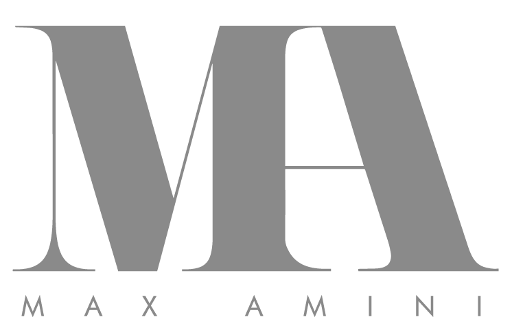 A black and white logo design featuring the text 'MAX AMINI' with bold geometric letterforms.