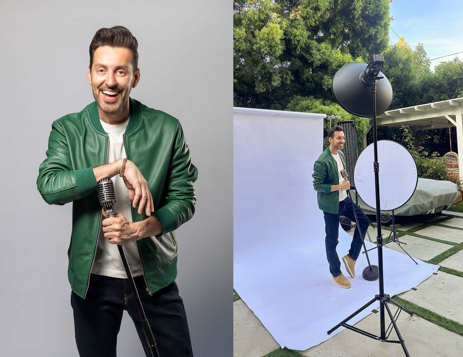 Professional studio photo session with a person in a green bomber jacket and behind-the-scenes photo of the lighting setup.