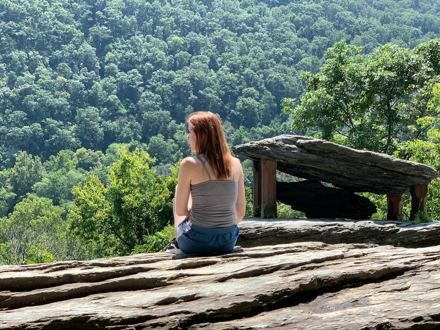 People sitting on rocky overlook enjoying scenic mountain valley view.
