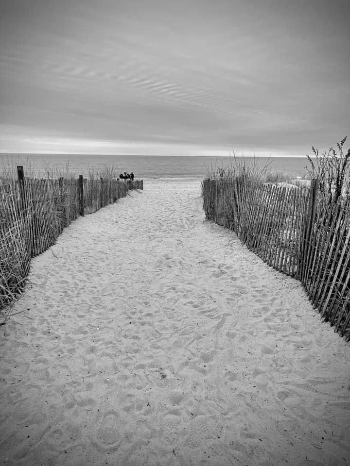 Sandy beach path with wooden fences leads through dunes to the ocean horizon in black and white.