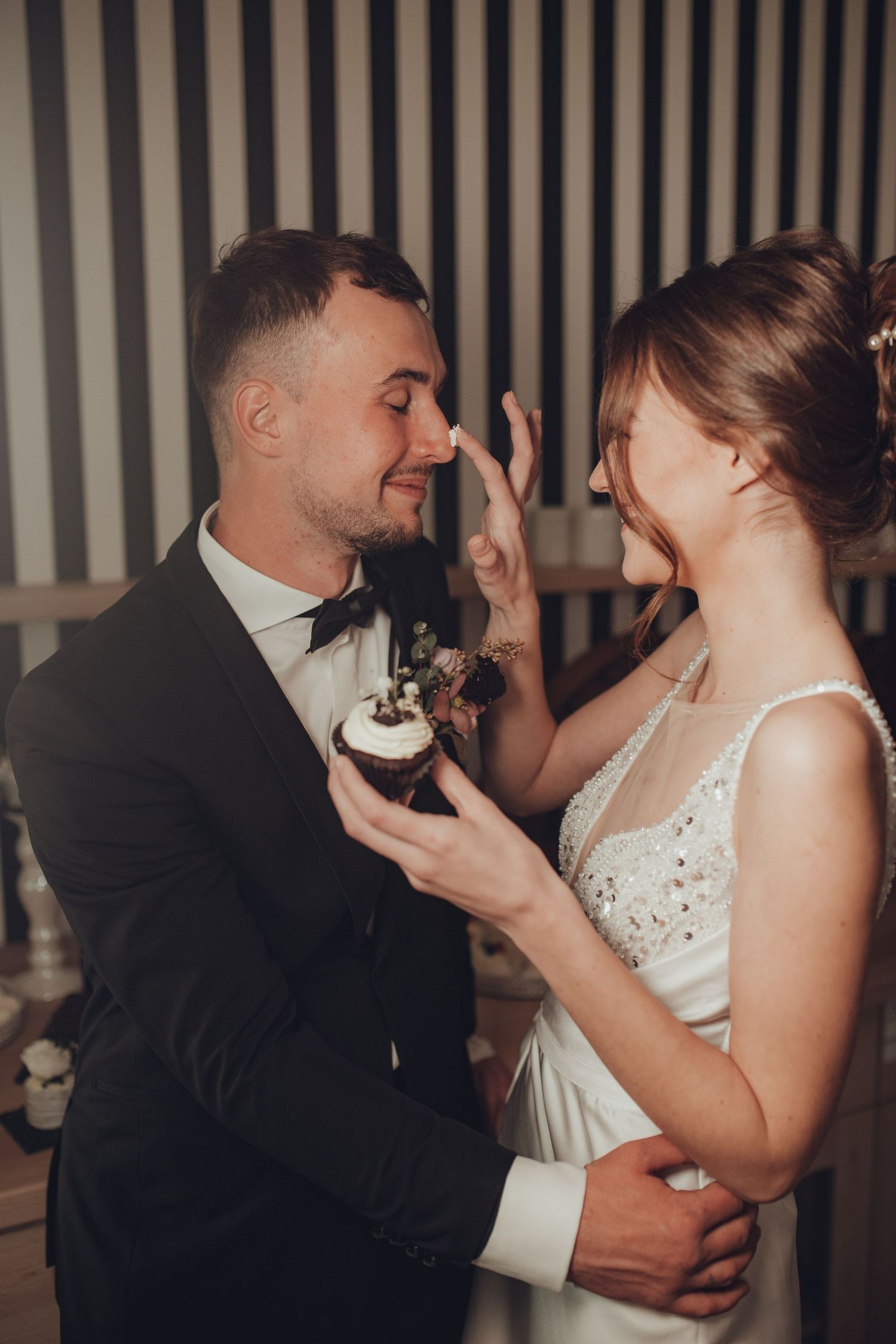 Candid sequence of romantic moments between a couple in formal wedding attire.