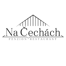 Black and white logo design for Na Cechach pension restaurant featuring a roof line graphic.