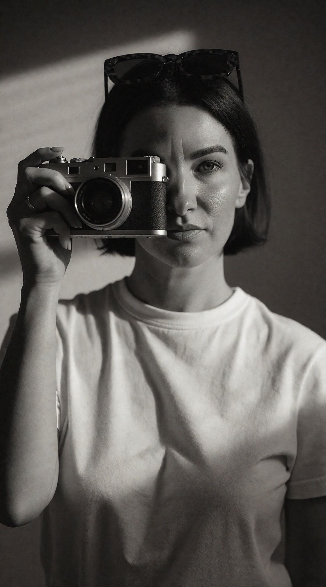 Black and white portrait of a woman holding a vintage rangefinder camera, wearing a white t-shirt with sunglasses on her head.