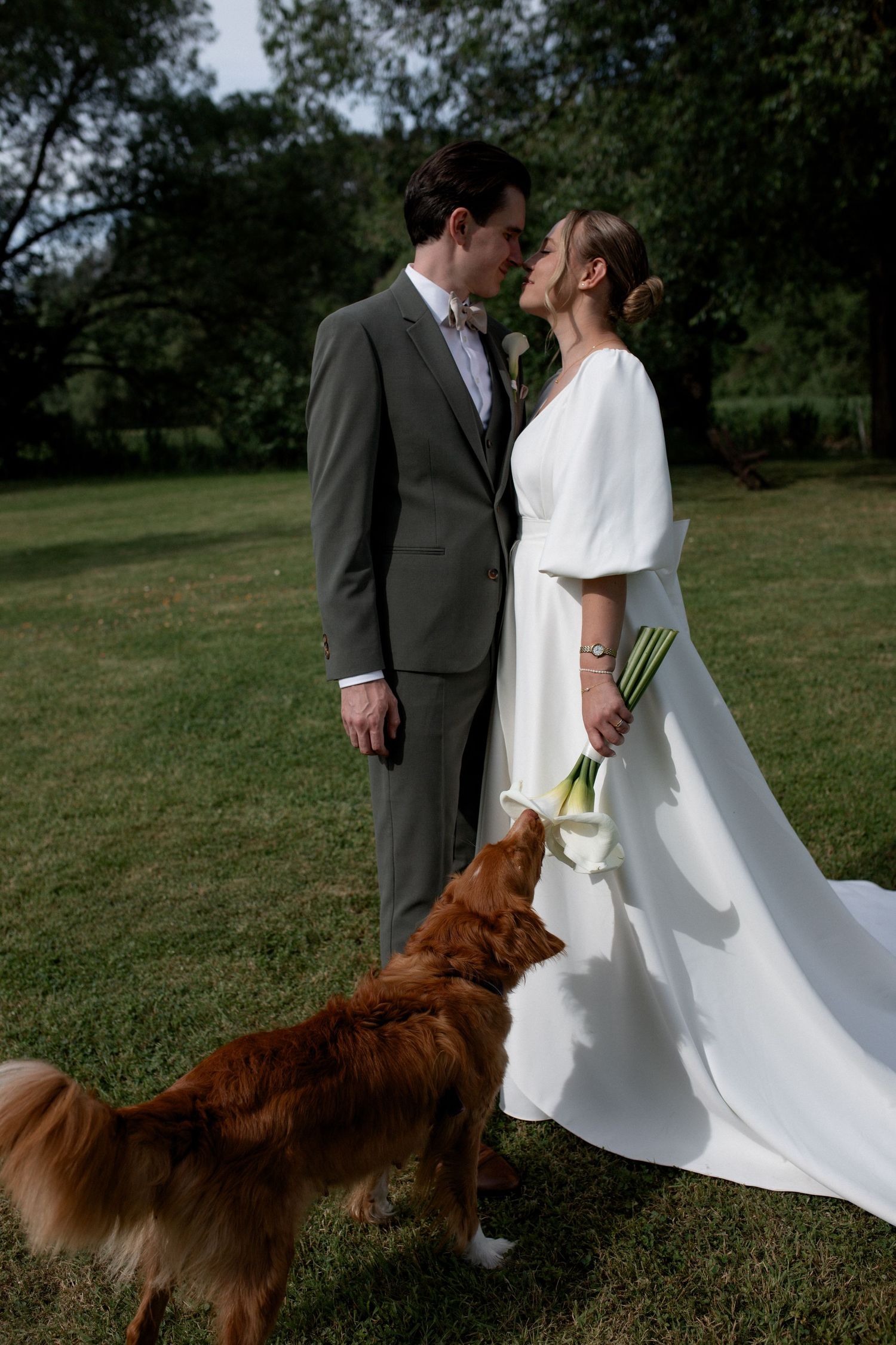Bride and groom share a romantic moment on lawn with brown dog, bride holding white bouquet.